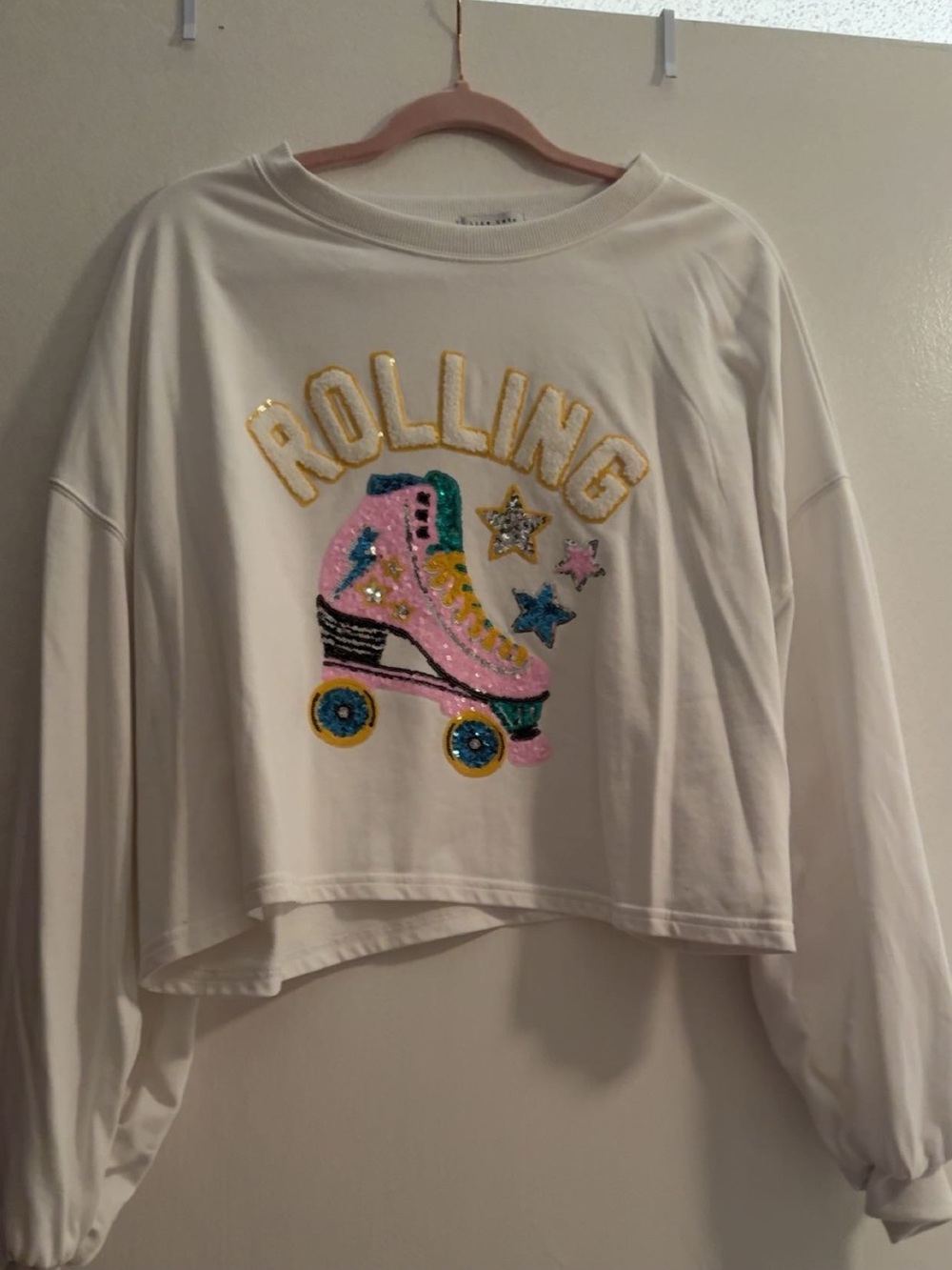 White Sequin Roller Skate Cropped Sweatshirt from Herringstones